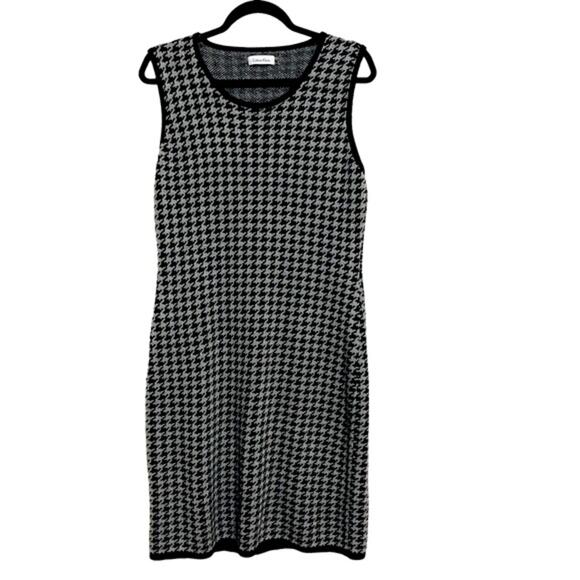 Calvin Klein Houndstooth Sleeveless Knit Sweater Dress Gray Black Size L - Picture 1 of 5